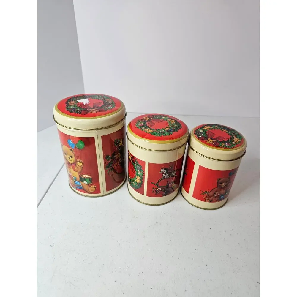 Vintage Christmas Teddy Bear nesting tins set of 3 holiday cookie canisters